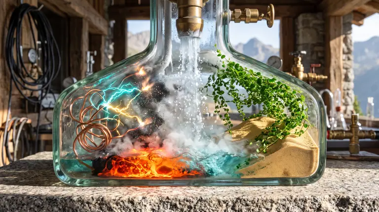 Câmara de vidro transparente ao sol mostrando reações entre magma incandescente, água turquesa, fios de cobre com arcos elétricos, pólvora em faísca, areia e plantas.