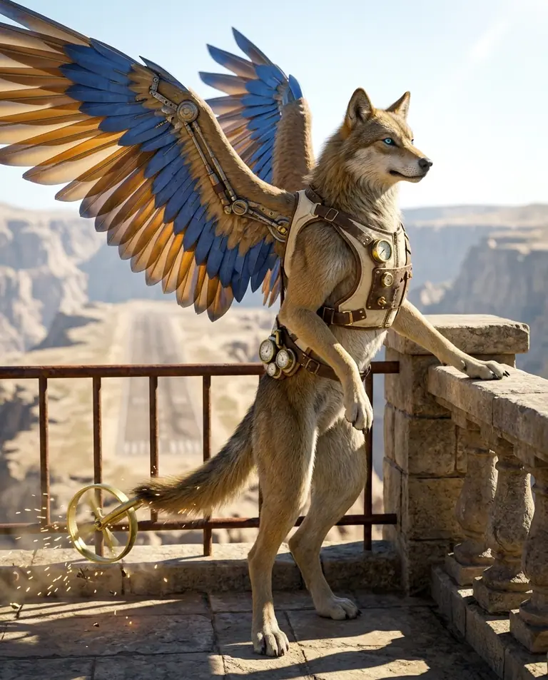Retrato de Lupara Volte, a navegadora quimérica lobo-falcão com asas de titânio azul-cobalto e vidro âmbar, numa varanda de pedra sobre a pista do desfiladeiro.